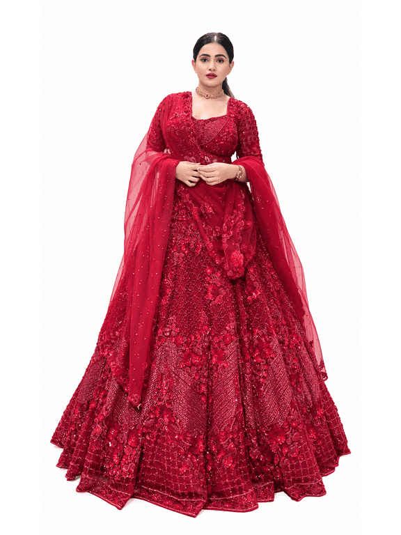 Red Bridal Lehenga Choli for Women, Net Designer Lehenga Set with Thread Dori Sequins Pearl Beads Work, Unstitched Blouse & Net Dupatta, Indian Wedding Reception