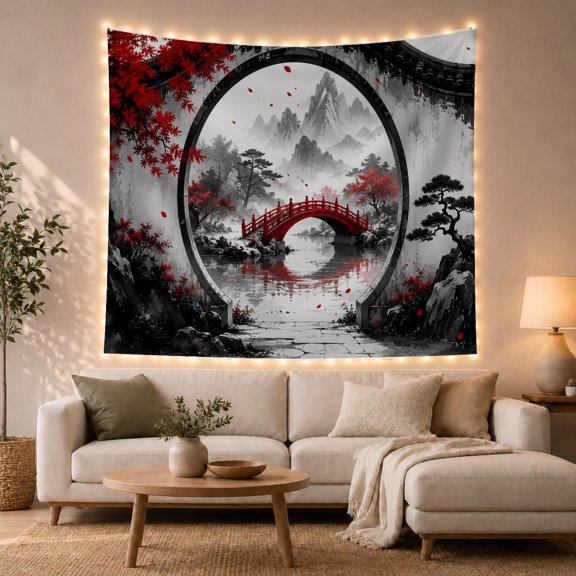 Red Bridge and Misty Mountains in a Circular Opening, Dramatic Japanese Inspired for Art Lovers, Scenic Ink Wash Decor, Housewarming Gift, Tapestry Wall Hanging for Living Room and Bedroom