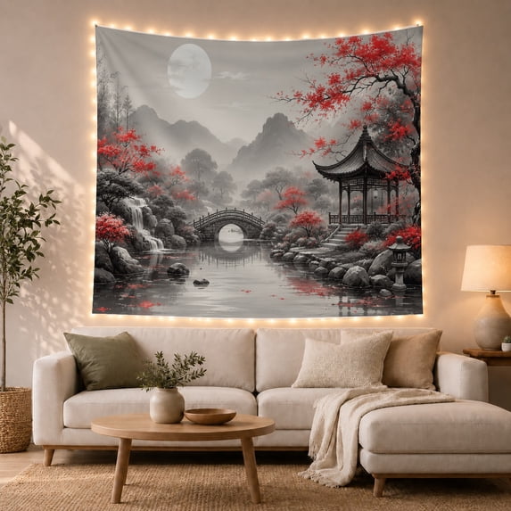 Red Bridge and East Asian Pavilion Tapestry Wall Hanging