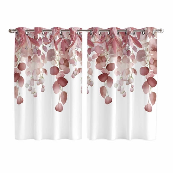 Red Brown Botanical Kitchen Curtains 63 Inch Length, Watercolor Spring Eucalyptus Leaves Grommet Top Bedroom Living Room Curtains, Light Filtering Cafe Curtain Drapes 2 Panels Set 104''x63''