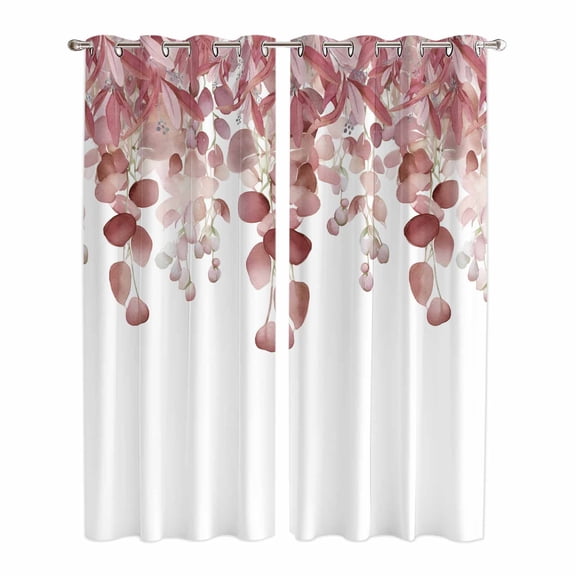 Red Brown Botanical Kitchen Curtains 84 Inch Length, Watercolor Spring Eucalyptus Leaves Grommet Top Bedroom Living Room Curtains, Light Filtering Cafe Curtain Drapes 2 Panels Set 84''x84''