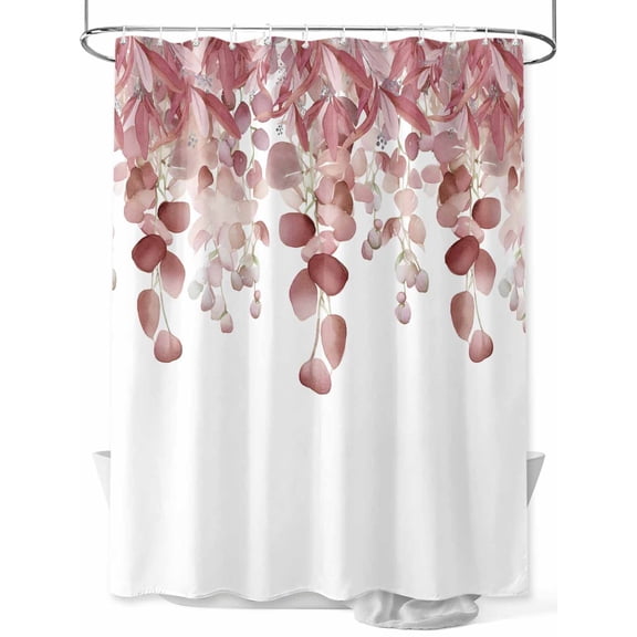 Red Brown Botanical Shower Curtain Set, Waterproof Shower Curtains for Bathroom, Watercolor Spring Eucalyptus Leaves Washable Fabric Cloth Bath Curtain for Bathtub Decoration with Hooks 48x72 Inches