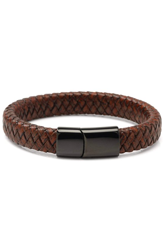 Red Brown Braided Leather Bracelet with Gunmetal Stainless Steel Magnetic Clasp