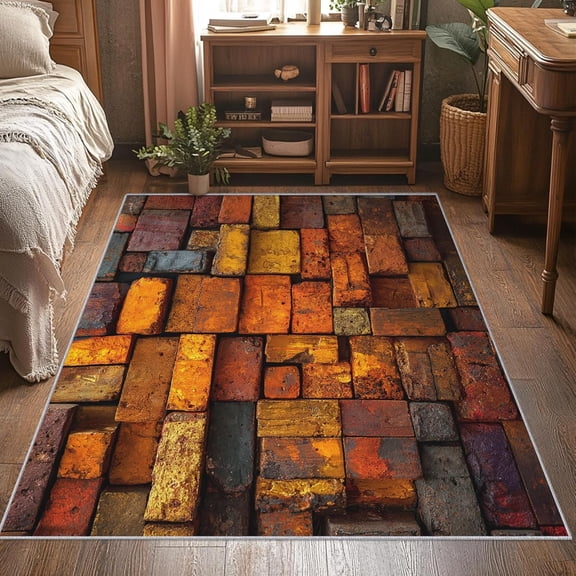 Red Brown Brick Wall Area Rug, Rustic Stone Pattern Carpet, Washable Non Slip Low Pile Soft Thin, Living Room Bedroom Home Decor Mat 5x8ft