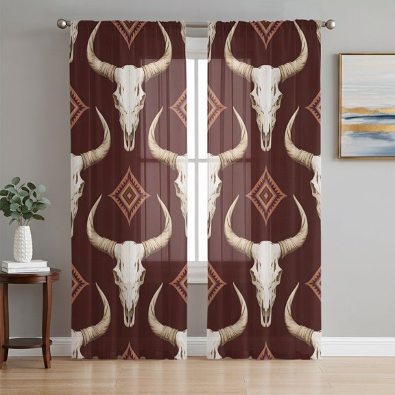 Red Brown Bull Skulls Sheer Curtains for Living Room Bedroom, Ethnic Boho Geometric Tribal Rustic Light Filtering Sheer Curtain Rod Pocket Voile Window Treaments Drapes, 52 x 108 Inches