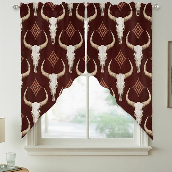 Red Brown Bull Skulls Swag Kitchen Curtain Valances, Ethnic Boho Geometric Tribal Rustic Rod Pocket Curtains Window Treatment Decor Valances for Bedroom Bathroom, 2 Panels 36 x 63 Inch