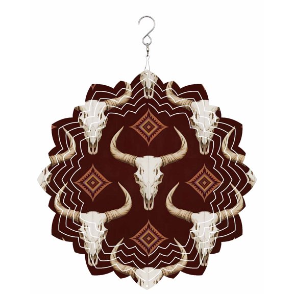 Red Brown Bull Skulls Wind Spinner for Garden Yard 8In, Ethnic Boho Geometric Tribal Rustic 3D Stainless Steel Kinetic Hanging Wind Spinners Rustproof Outdoor Decor for Lawn Patio Home