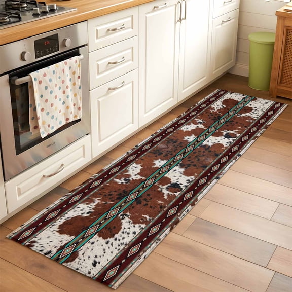 Red Brown Cowhide Hallway Washable Runner Rug 2x6 Rustic Tribal Ethnic Art Abstract Geometric Plaid Kitchen Runner Mat with Non Slip Backing Low Pile Thin Floor Carpet for Indoor Bedroom Living Room