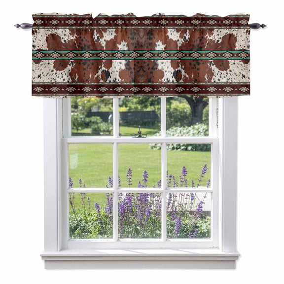 Red Brown Cowhide Valances for Windows, Rustic Tribal Ethnic Art Abstract Geometric Plaid Rod Pocket Valance Short Window Treatments Curtains for Kitchen Bathroom Bedroom Decor, 42 x 12 Inches