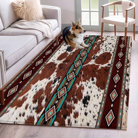 Red Brown Cowhide Washable Area Rug 4x6 Rustic Tribal Ethnic Art Abstract Geometric Plaid Low-Profile Large Area Rugs with Non Slip Backing Indoor Floor Carpet for Entrance Living Room Bedroom