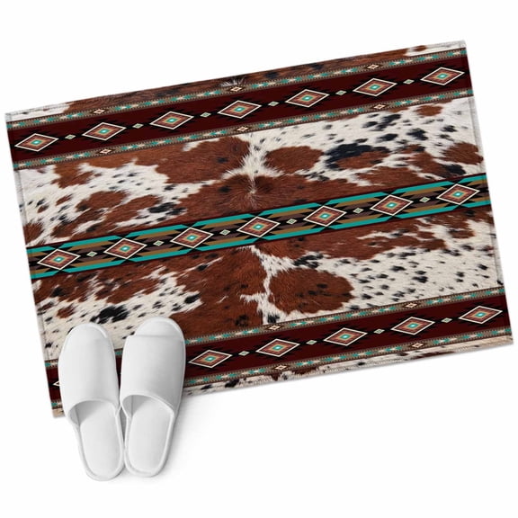 Red Brown Cowhide Washable Small Entryway Area Rugs 2'x3', Rustic Tribal Ethnic Art Abstract Geometric Plaid Low Pile Throw Rug Non-Slip Sturdy Edge Binding Carpet for Front Door Floor Room Entry