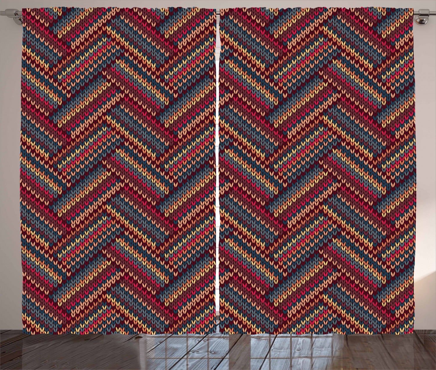 Red and Brown Curtains 2 Panels Set, Classical Knitting Pattern Image