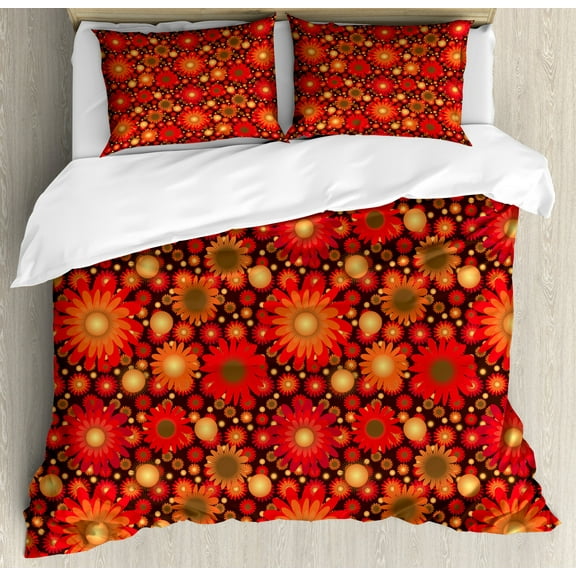Red and Brown Duvet Cover Set Queen Size, Vivid Colored Botanical Composition with Gerbera Daisies, Decorative 3 Piece Bedding Set with 2 Pillow Shams, Vermilion Dark Green Orange, by Ambesonne