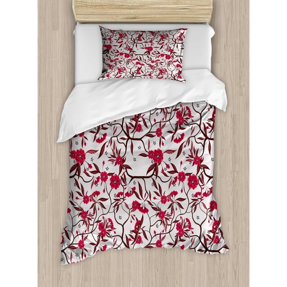 Red and Brown Duvet Cover Set Twin Size, Floral Blooming Branches with Fresh Flowers Spring Garden Stars, Decorative 2 Piece Bedding Set with 1 Pillow Sham, Dark Coral Dark Brown, by Ambesonne