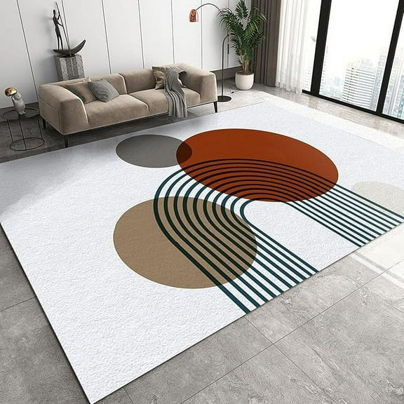 Red Brown Geometric Circle Area Rug, Abstract Medieval Geometric Lines Machine Washable Rugs, With Non-Slip Backing Throw Carpet For Living Room Bedroom Entryway Floor Mat 3 x 4ft