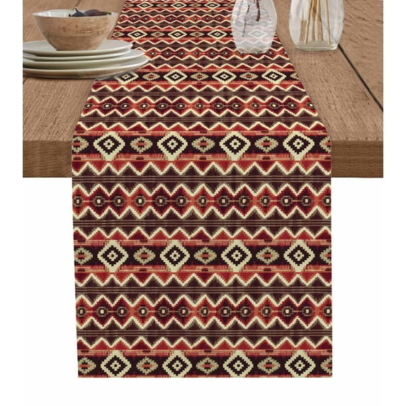 Red Brown Geometric Table Runner 108 Inches, Ethnic Southwest Country Bed Runner Dresser Scarves Tabletop for Indoor Outdoor Parties/Ceremony/Banquet, 13"x 108"