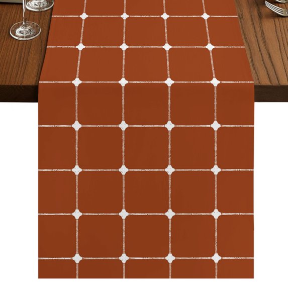 Red Brown Gingham Burlap Cotton Table Runner 13x70 Inches Long, Modern Minimalist Geometric Plaid Farmhouse Table Runners, Outdoor Dining Table Decor for Baby Shower/Party/Wedding