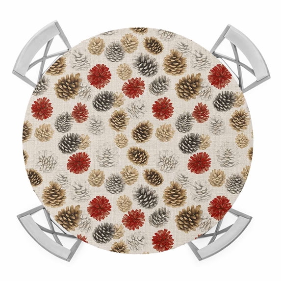 Red Brown Grey Christmas Round Tablecloth for 55-60 Inch Tables, Fitted Table Cover with Elastic Edge, Xmas Pine Cones Rustic Waterproof Outdoor Table Cloth Protector for Patio Garden Dinner Picnic