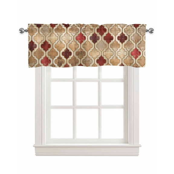 Red Brown Morocco Linen Curtain Valance for Bedroom/Bathroom/Kitchen/Office/Living/Dining Room Window,Vintage Modern Geometric Trellis Pocket Topper Drapes Decorative Cafe Drapery Panel 42"x18"