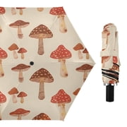 Red Brown Mushrooms All Weather Umbrella Triple Folding Parasol 6 Ribs UV Protection Portable