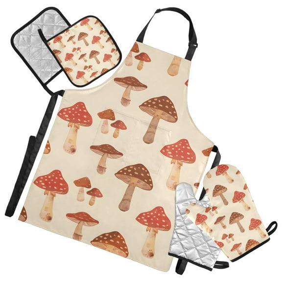 Red Brown Mushrooms Apron Set with Oven Mitts Pot Holders Set of 5 Kitchen Stuff Accessories