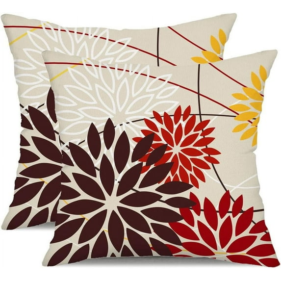 Red Brown Outdoor Pillow Cover Set of 2 Outdoor Fall Floral Brown Decorative Pillowcase Decor for Couch Patio Funiture Garden Print Polyester Cushion Cover 01K20