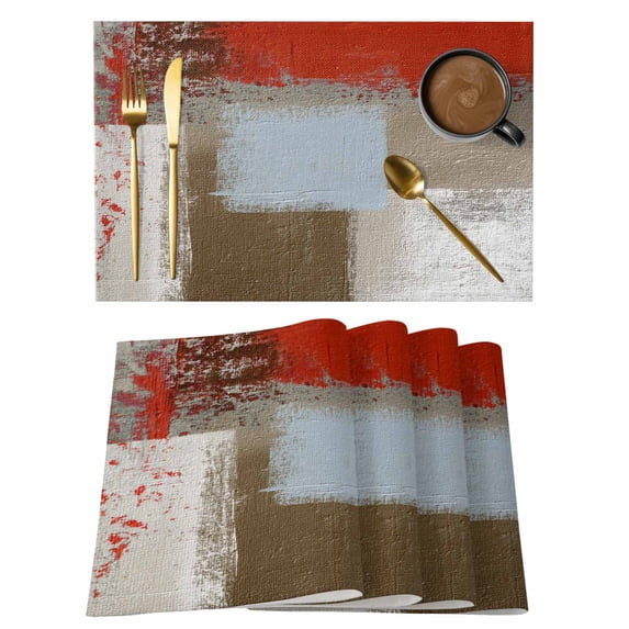 Red Brown Placemats Set of 6, Blue White Modern Rustic Neutral Graffiti Art Placemats for Dining Table, Place Mats for Kitchen Tabletop, Waterproof Wipeable Dining Table Mats Set
