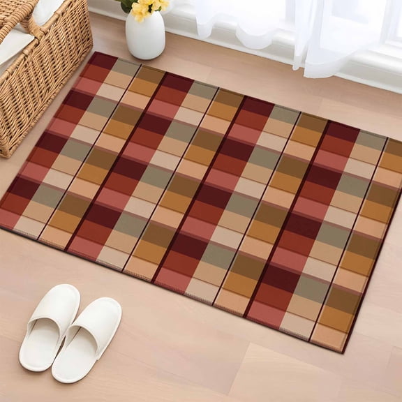Red Brown Plaid Entryway Rug 2'x3' Non Slip Front Door Mats, Modern Abstract Ombre Gingham Checkered Entrance Rugs Indoor Outdoor Carpet, Washable Floor Mats Small Area Rug for Bedroom Kitchen
