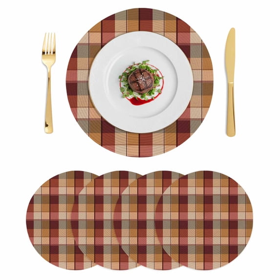 Red Brown Plaid Round 15 Inch Placemats Set of 4, Modern Abstract Ombre Gingham Checkered HeatResistant Non Slip Place Mats for Dining Table, Wipeable Braided Kitchen Table Mats for Housewarming