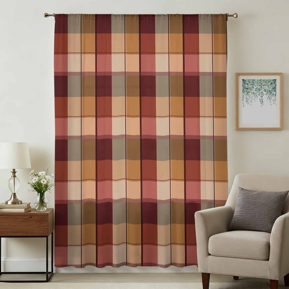 Red Brown Plaid Sheer Curtains 45 Inches Long, Modern Abstract Ombre Gingham Checkered Light Filering Curtains, Breathable Simi Curtain Privacy Drapes for Kitchen Bathroom Small Window Treatment