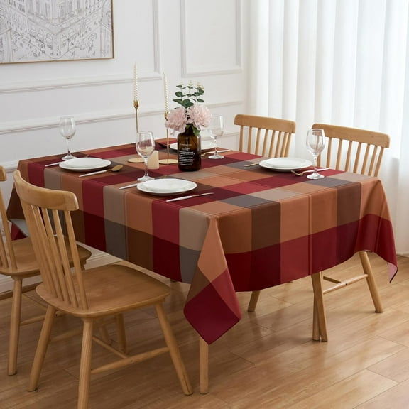 Red Brown Plaid Winter Rectangle Tablecloth - 60 x 120 Inch Oblong Polyester Checkered Gingham Christmas Table Cover Reusable Water Resistant for Fall/Autumn Thanksgiving Holiday Kitchen Dining