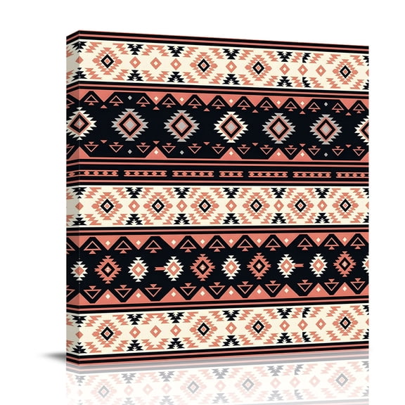 Red Brown Rectangle Canvas Wall Art for Living Room, Tribal Retro Classic Geometric Striped Wall Decor Framed Artwork Pictures Ready to Hang for Bedroom Office Home Decor