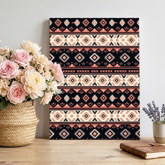 Red Brown Rectangle Canvas Wall Art, Tribal Retro Classic Geometric Striped Framed Canvas Wall Decor Picture Print Artwork Decorations for Living Room Office Ready to Hang 10" x 8"