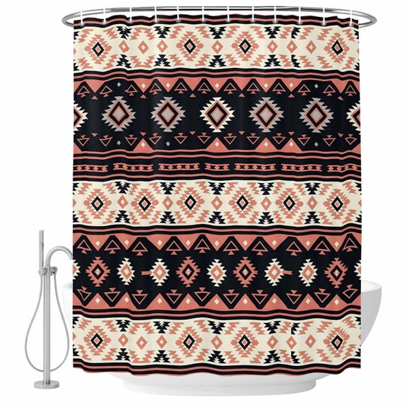 Red Brown Rectangle Shower Curtain, 72"x72", Tribal Retro Classic Geometric Striped Waterproof Bathroom Curtain Washable Shower Curtain Set with 12 Hooks