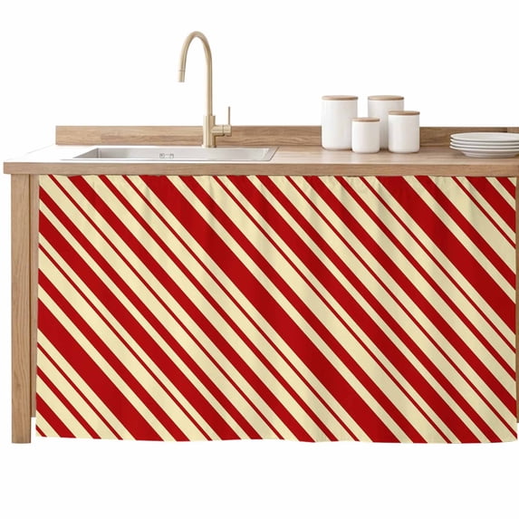Red Brown Striped Sink Skirt for Bathroom, Self-Adhesive Under Sink Curtain, Modern Geometric Minimalist Lines Hide Pipes & Storage Fabric Cabinet Skirt Cover for Kitchen Laundry 32"x55"