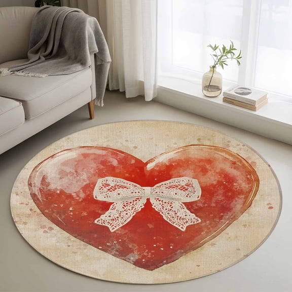 Red Brown Valentine Round Rug 3ft Washable Circle Entryway Rugs Non Slip Love Heart Retro Farmhouse Area Rug Indoor Floor Carpet for Bedroom Kitchen Living Room Home Office Dining Room Nursery