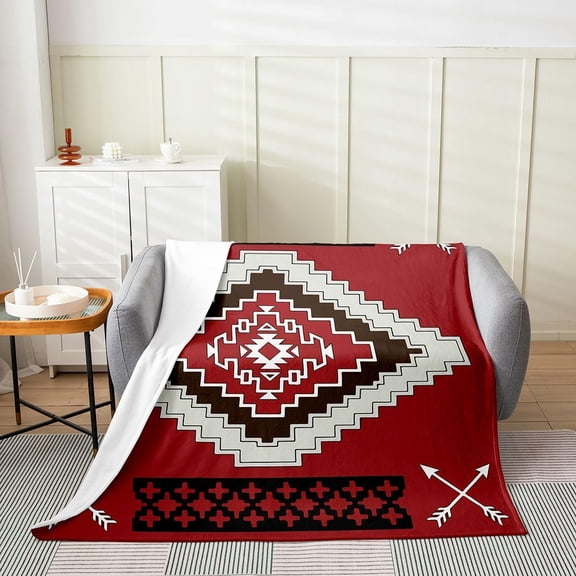 Red Brown White Geometric Aztec Tribal Pattern Throw Blanket with Crossed Arrows Soft Plush Fleece for Home Decor