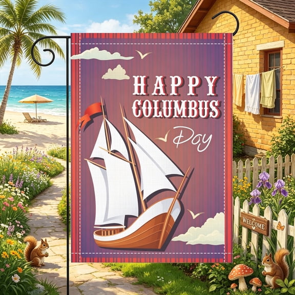 Red Brown Wooden Sailboat Cursive Columbus Wording Garden Flag, 12x18 inch, Double Sided 2D Printed, Lawn Patio & Mailbox Outdoor Decor, No Flagpole