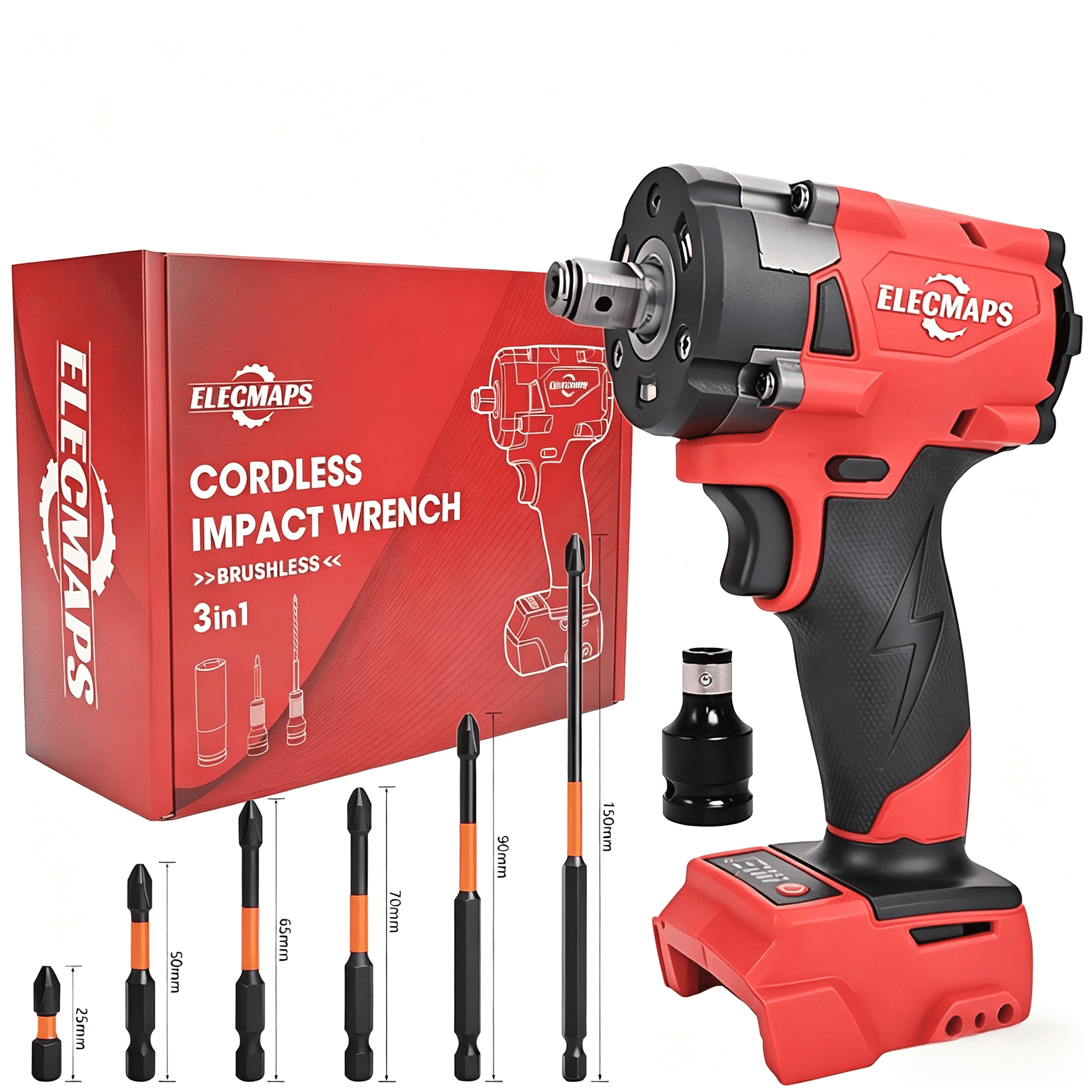ELECMAPS 3-in-1 Cordless Impact Wrench 1/2 Inch, Brushless 450N.m, 3-Speed, Compatible with Milwaukee M18 Batteries, Set with 6 Magnetic Phillips Bits, Bare Tool Only