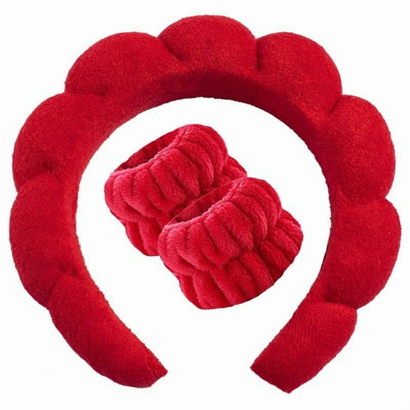 Red Bubble Headband for Washing Face, Makeup headband,Sponge Spa Skincare Headbands,Soft Fluffy Hairband for Women Girls with Wrist Towels for Wash Face