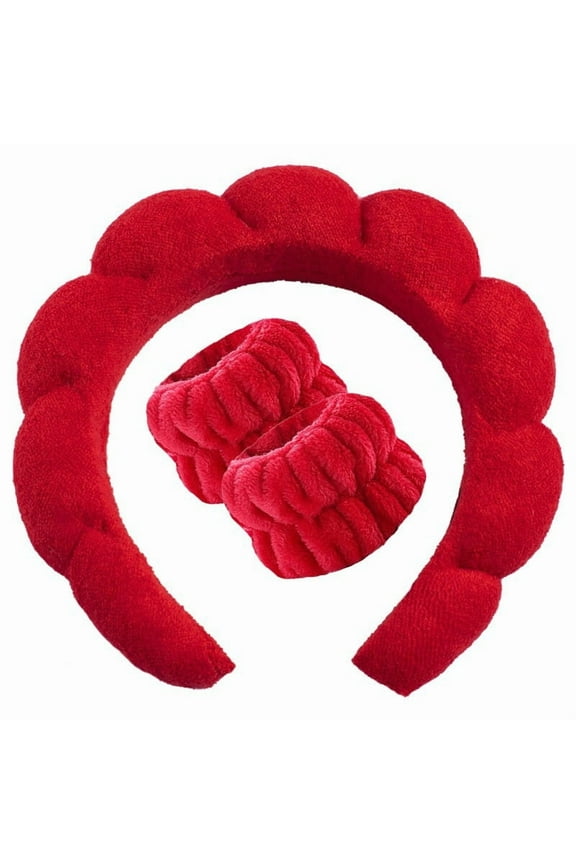 Red Bubble Headband for Washing Face, Makeup headband,Sponge Spa Skincare Headbands,Soft Fluffy Hairband for Women Girls with Wrist Towels for Wash Face