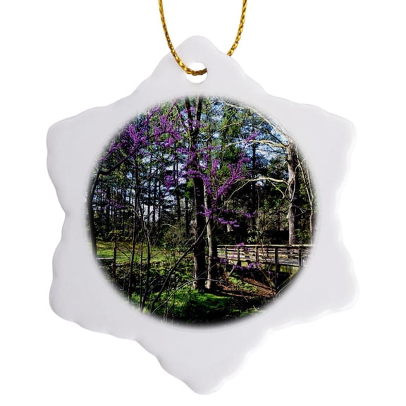 3drose, Red Bud Tree and Bridge, 3 inch Snowflake Porcelain Ornament