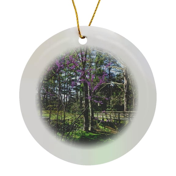 3drose, Red Bud Tree and Bridge, Circle Porcelain Ornament
