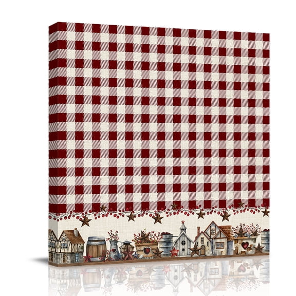 Red Buffalo Canvas Wall Art for Living Room, Plaid Country Star Barn Barrel Farmhouse Poster Print Painting for Bedroom Office Home Decoration Wall Pictures Prepare To Hang 8"x8"