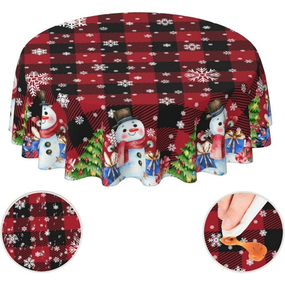Red Buffalo Check Christmas Snowman Waterproof Picnic Party Round Table Cloth Cover Decorations Fabric 60 Inch Circular Tablecloth Home Dining Room Kitchen Decor
