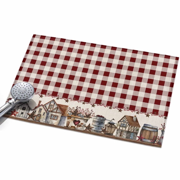 Red Buffalo Front Door Rugs 2x3ft Plaid Country Star Barn Barrel Farmhouse Washable Rug, Non Slip Indoor Carpet Absorbent Floor Mat for Living Room Bedroom Dining Room