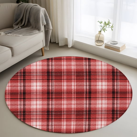Red Buffalo Plaid 3' Round Rug for Bathroom Accent Bedside Corner, Rustic Farmhouse Washable Non Slip Circle Area Rug for Small Spaces