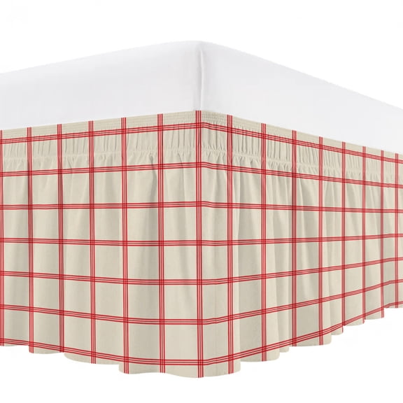 Red Buffalo Plaid Bed Skirt California King Size 18 Inch Drop, Farmhouse Vintage Linen Red Stripes Wrap Around Dust Ruffle Bedskirt with Adjustable Elastic Belt for California King Size Beds
