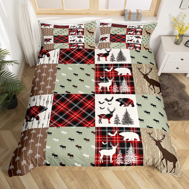 Red Buffalo Plaid Bedding Set for Boys Girls,Woodland Bear Moose Duvet Cover Hunting Animal Elk