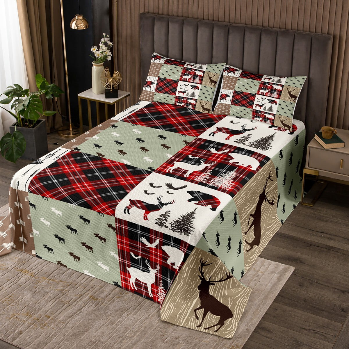 Red Buffalo Plaid Bedspread Set for Boys Girls,Woodland Bear Moose